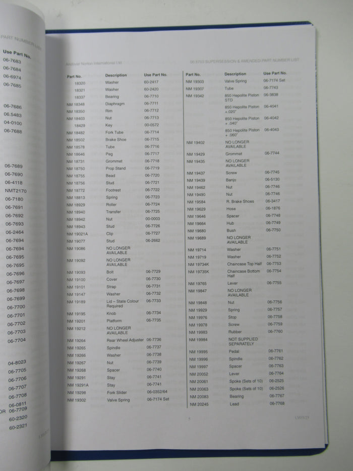 00-5753 Norton Triumph Supersession and amended part number list book manual UK Made