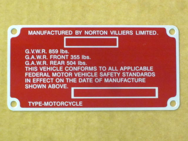 06-3247 Norton Commando red registration plate Certification Label