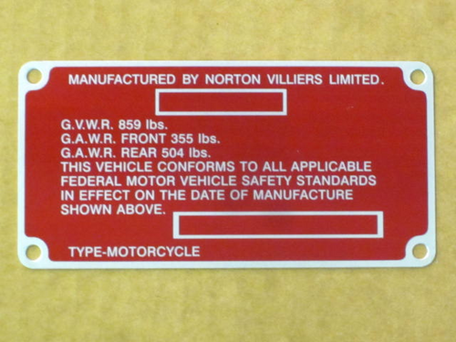 06-3247 Norton Commando red registration plate Certification Label