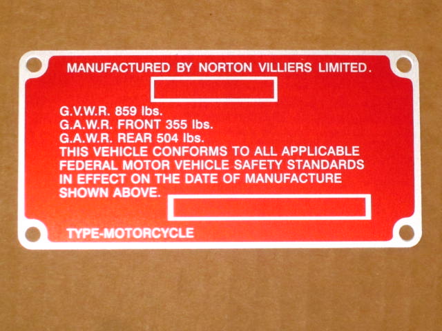 06-3247 Norton Commando red registration plate Certification Label