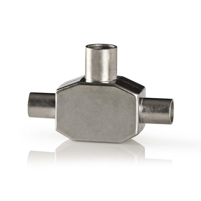 Adaptador Coaxial de Antena TV en T | 2x IEC Macho a 1x IEC Hembra | Metal Blanco