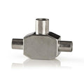 Adaptador Coaxial de Antena TV en T | 2x IEC Macho a 1x IEC Hembra | Metal Blanco
