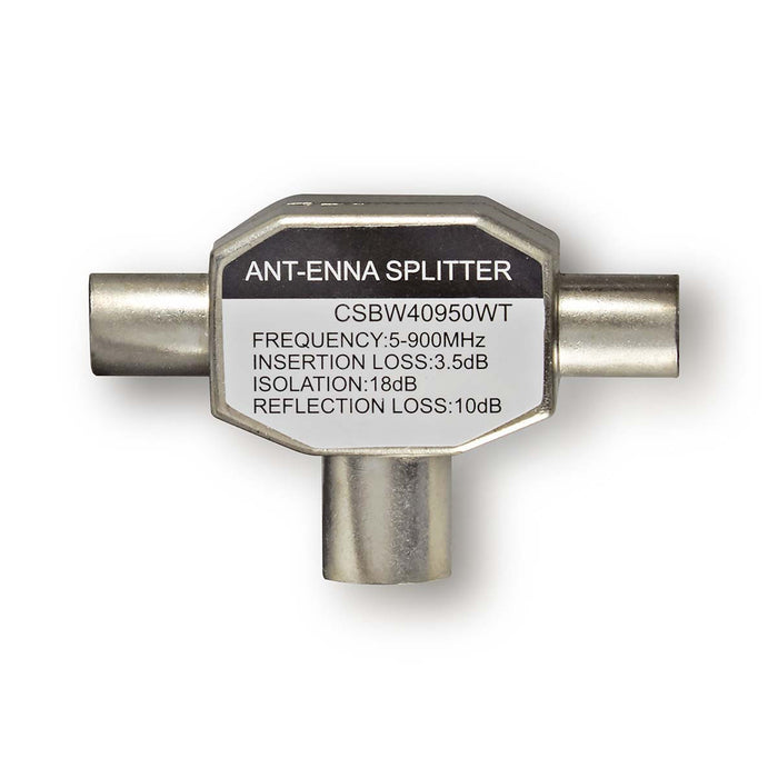 Adaptador Coaxial de Antena TV en T | 2x IEC Macho a 1x IEC Hembra | Metal Blanco
