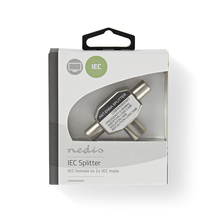 Adaptador Coaxial de Antena TV en T | 2x IEC Macho a 1x IEC Hembra | Metal Blanco