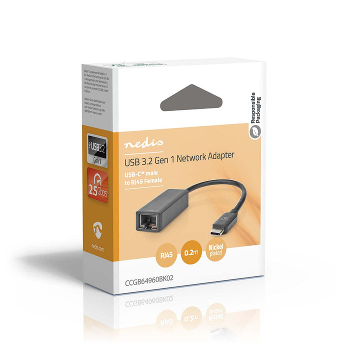 Adaptador de Red USB-C a RJ45 2.5G Ethernet | USB 3.2 Gen 1 2.5 Gbps | Negro