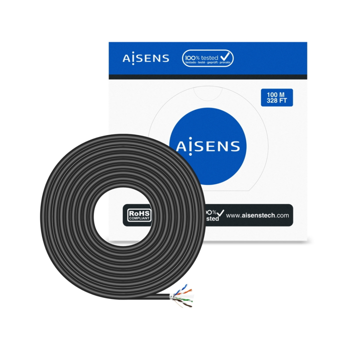 Cable de Red Exterior Impermeable RJ45 Cat.6 FTP Rígido AWG24, Negro, 100M