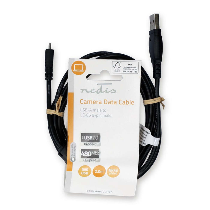Cable USB para Cámara UC-E6 8 Pines | USB-A a UC-E6 Compatible Nikon | 2 m Negro