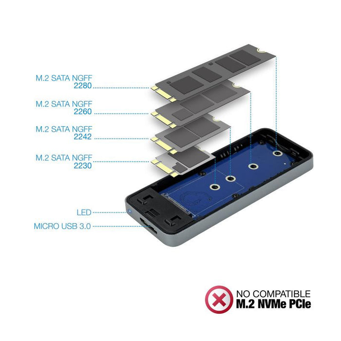 Caja Externa TooQ TQE-2281G para SSD M.2 NGFF SATA (no NVMe) | USB 3.0 5 Gbps | UASP | Aluminio