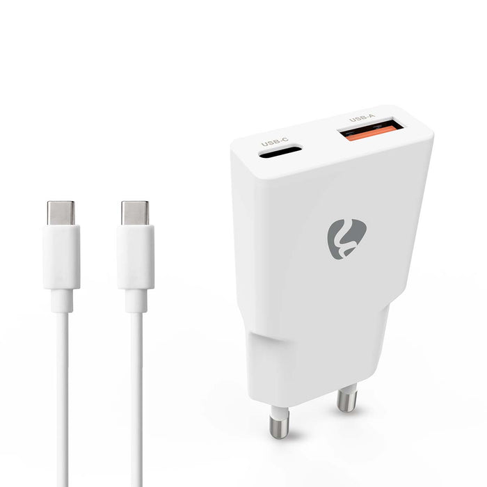 Cargador de Pared GaN 20W USB-C PD + USB-A QC 3.0 | Carga Rápida 2 Puertos | Cable USB-C 1,5 m