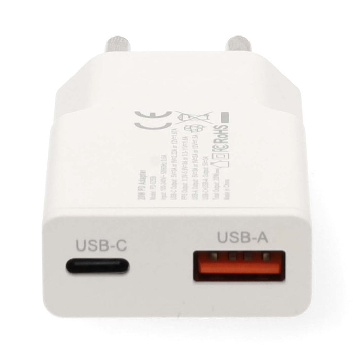 Cargador de Pared GaN 20W USB-C PD + USB-A QC 3.0 | Carga Rápida 2 Puertos | Cable USB-C 1,5 m