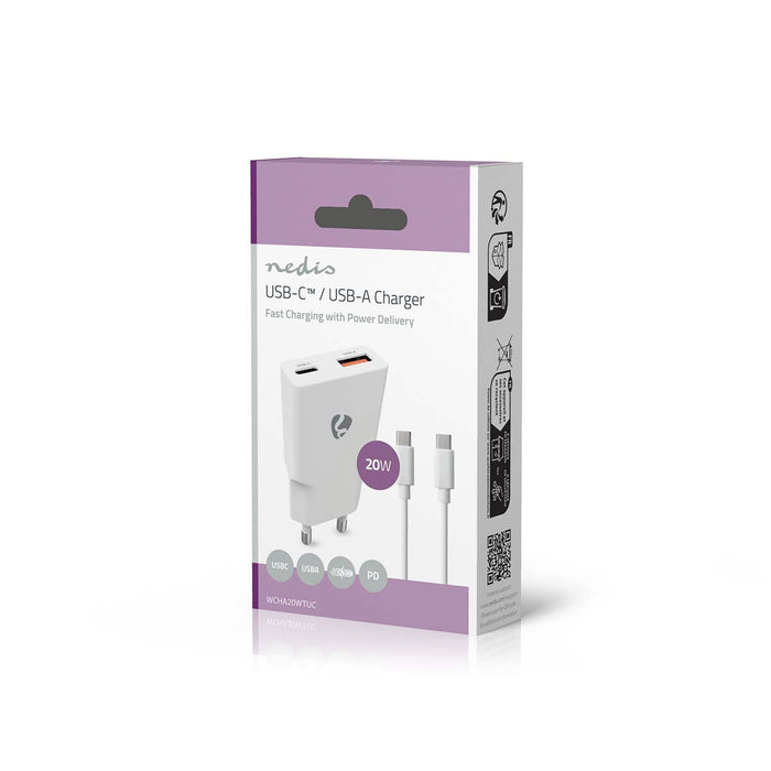 Cargador de Pared GaN 20W USB-C PD + USB-A QC 3.0 | Carga Rápida 2 Puertos | Cable USB-C 1,5 m