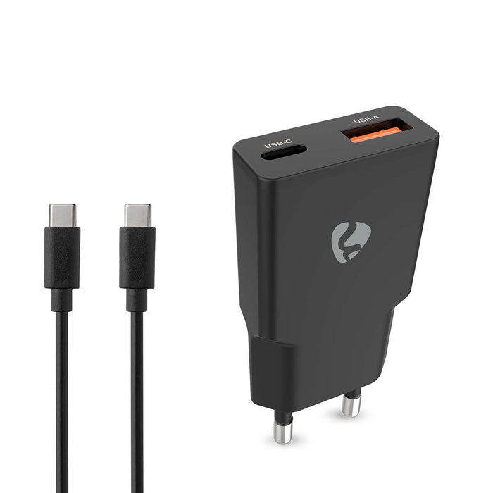 Cargador de Pared GaN 20W USB-C PD + USB-A QC 3.0 | Carga Rápida 2 Puertos | Cable USB-C 1,5 m