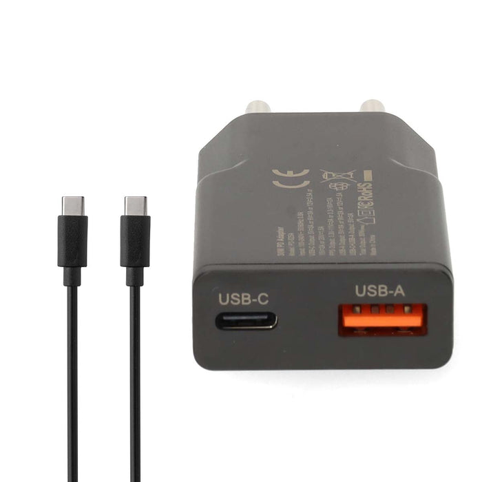 Cargador de Pared GaN 20W USB-C PD + USB-A QC 3.0 | Carga Rápida 2 Puertos | Cable USB-C 1,5 m