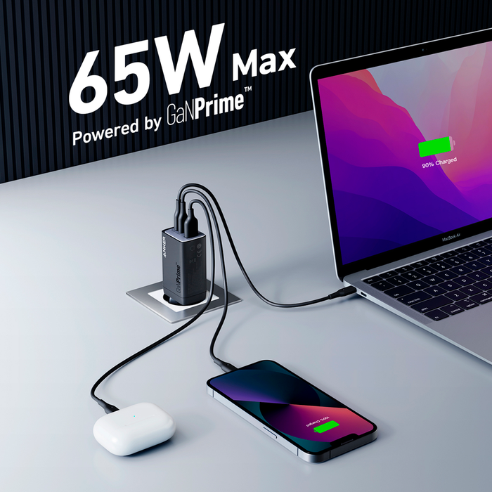 Cargador de Pared USB-C 65 W 3 Puertos Anker 735 GaNPrime