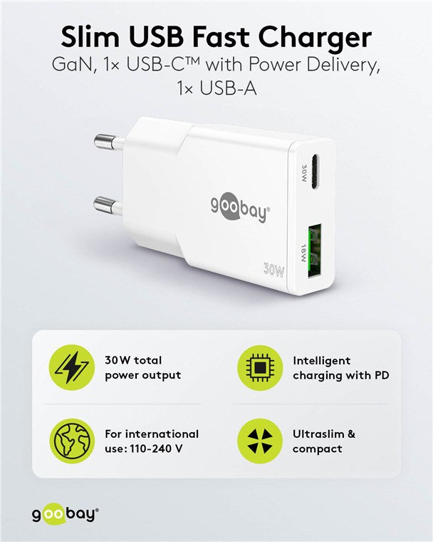 Cargador rápido USB-C™ PD GaN Dual Slim (30 W)