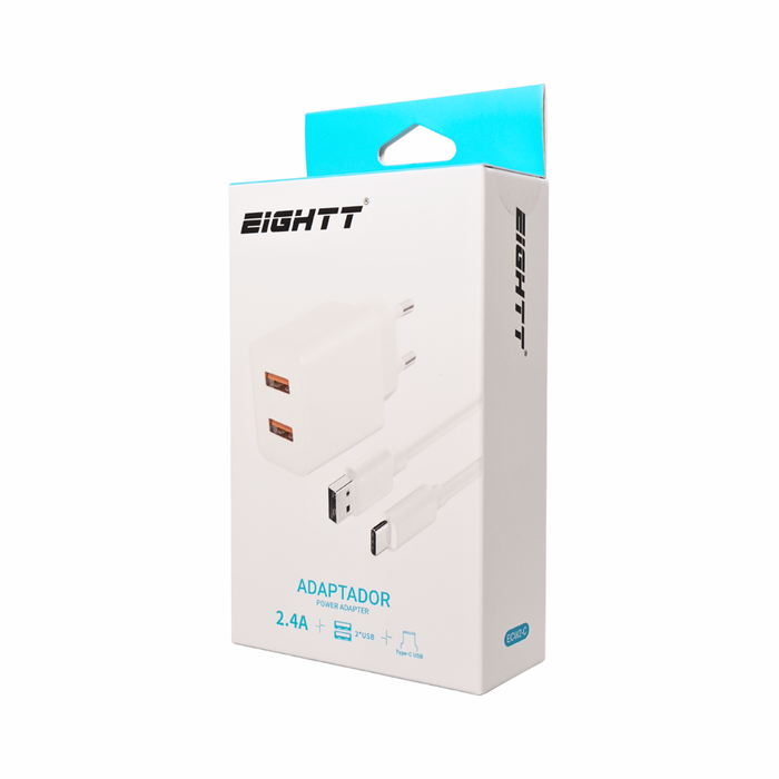 Cargador Smartphone 5V 2X2 4A con cable tipo C 1m