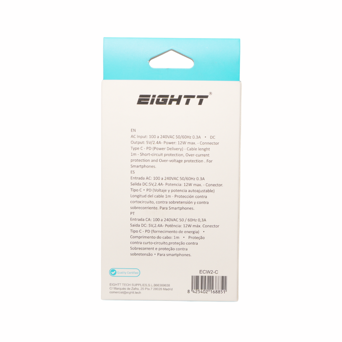 Cargador Smartphone 5V 2X2 4A con cable tipo C 1m