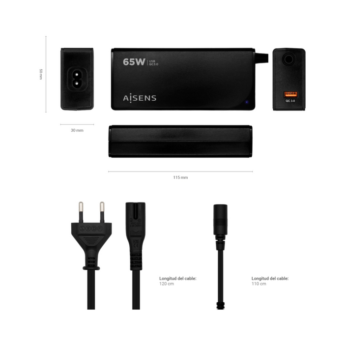 Cargador Universal Portátil 65W AISENS con 9 Conectores y USB QC3.0