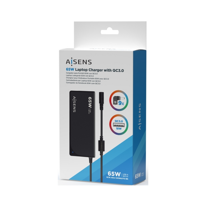 Cargador Universal Portátil 65W AISENS con 9 Conectores y USB QC3.0