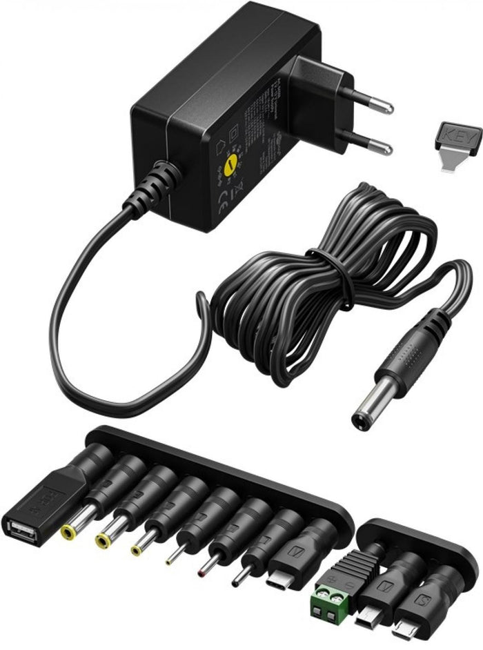 Fuente de Alimentación Universal 3-12V 27W con USB-C y 7 Adaptadores