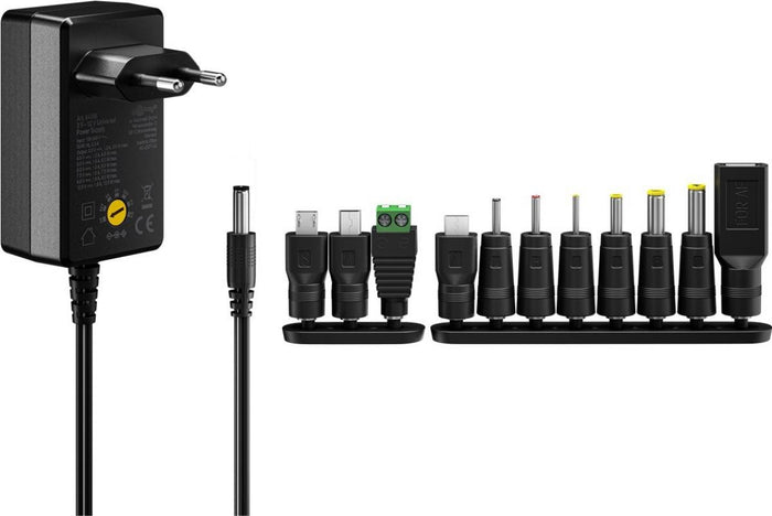 Fuente de Alimentación Universal 3-12V 27W con USB-C y 7 Adaptadores