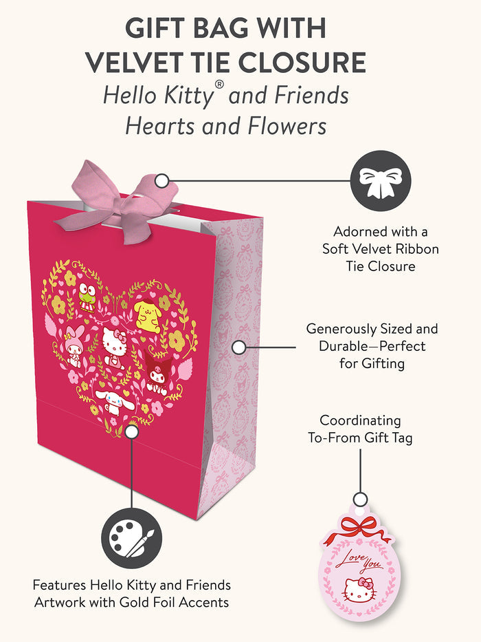 Hello Kitty and Friends Hearts and Flowers Large Gift Bag with Velvet Tie Closure