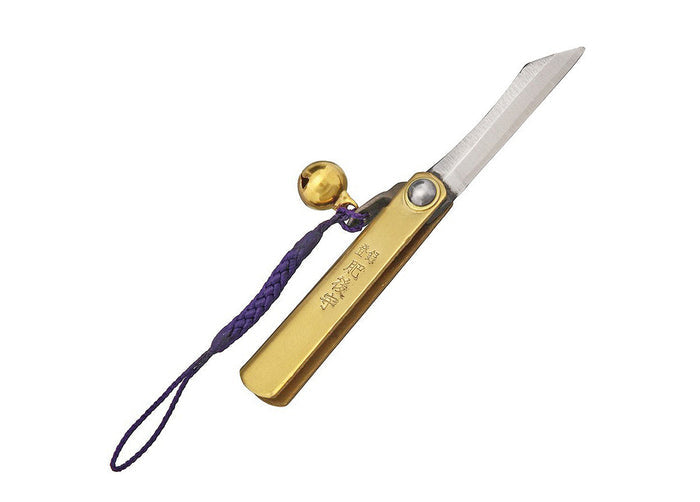 Higonokami SK Steel Bell Brass XS knife open, showing SK steel blade and brass handle