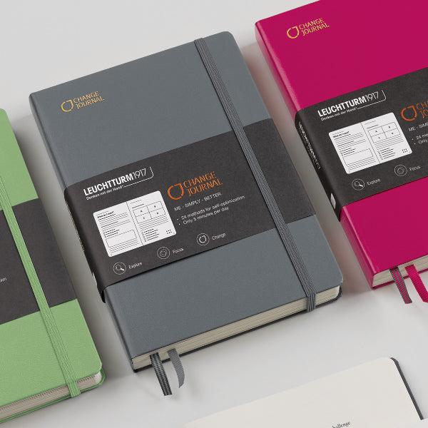 Leuchtturm1917 Change Journal A5 Medium Anthracite on Desk with Pen for Daily Reflection