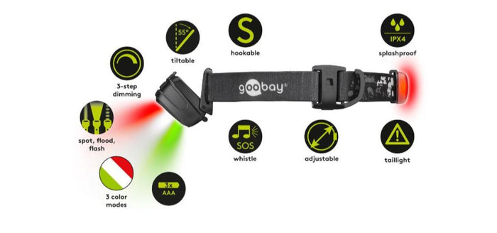 Linterna Frontal LED 240 lm 7 Modos con Luz Roja y Silbato
