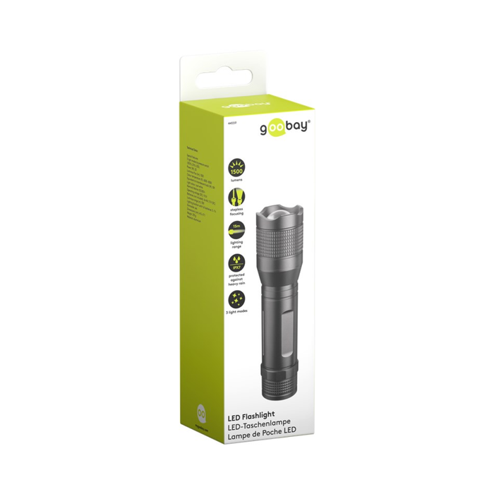 Linterna LED de 1500 lúmenes con zoom e IPX7 Goobay