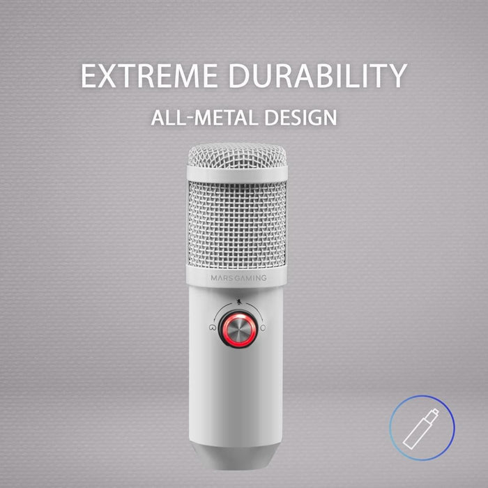 Micrófono Streaming MARSGAMING - Estudio Profesional LED | Mute | USB+Jack 3.5mm | Blanco