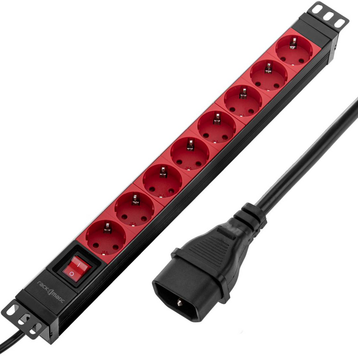 Regleta de enchufes de PVC para armario rack 19  1U con 8 Schuko carcasa negra interruptor y conector C14