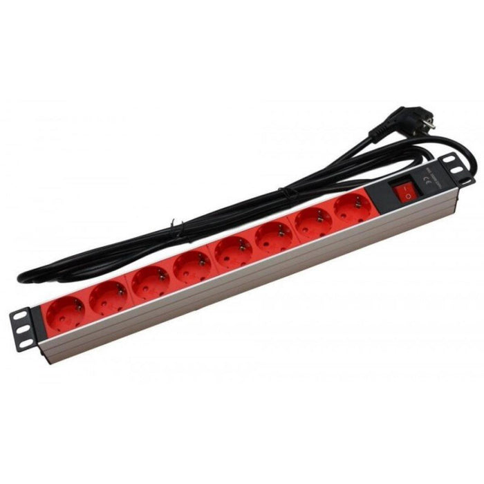 Regleta RACK de 19" x 1U x 8 SCHUKOS y cable de 3 metros SCHUKO - Rojo