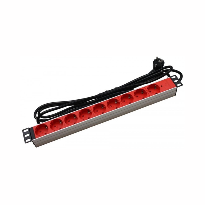 Regleta RACK de 19" x 1U x 8 SCHUKOS y cable de 3 metros SCHUKO - Rojo