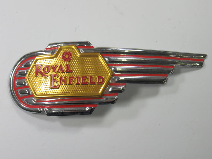 Royal Enfield gas tank emblem left side only stamped metal tank badge