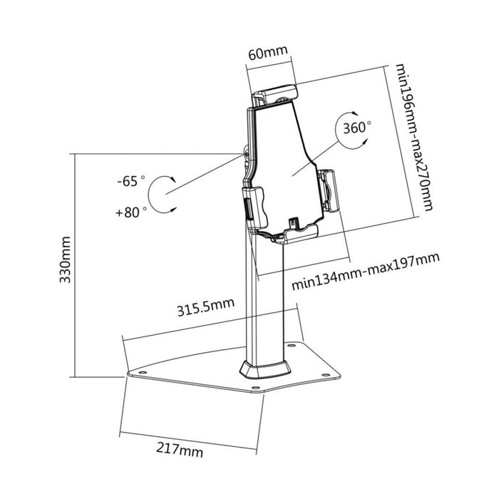 Soporte Antirrobo sobremesa Ajustable (1 Pivote) para Tablet | Inclinación -65º / +80º | Rotación -180º / +180º | Negro