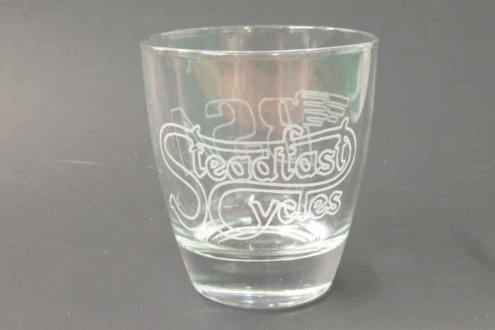 Steadfast Cycles logo 6 oz drinking glass old fanshioned small BSA logo laser etched