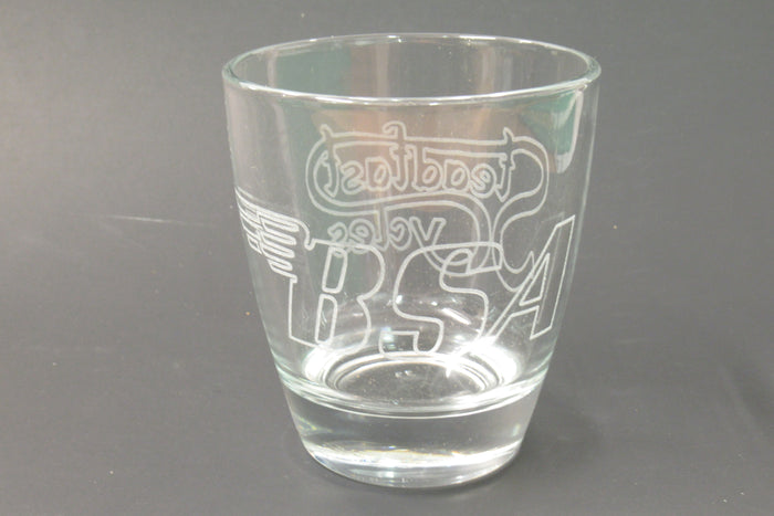Steadfast Cycles logo 6 oz drinking glass old fanshioned small BSA logo laser etched