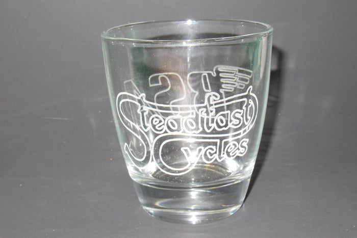 Steadfast Cycles logo 6 oz drinking glass old fanshioned small BSA logo laser etched