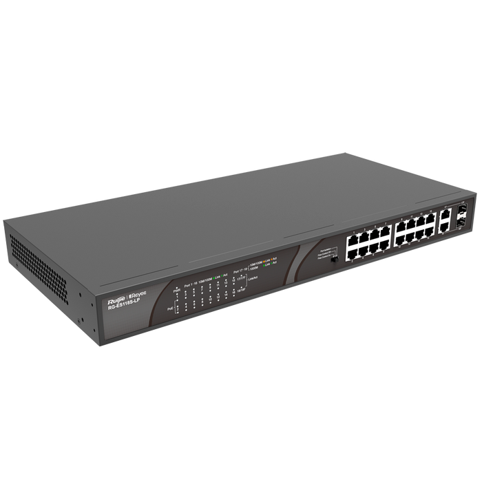 Switch PoE+ 16 Puertos 10/100 Mbps + 2 Uplink Gigabit 120W RG-ES118S-LP Reyee