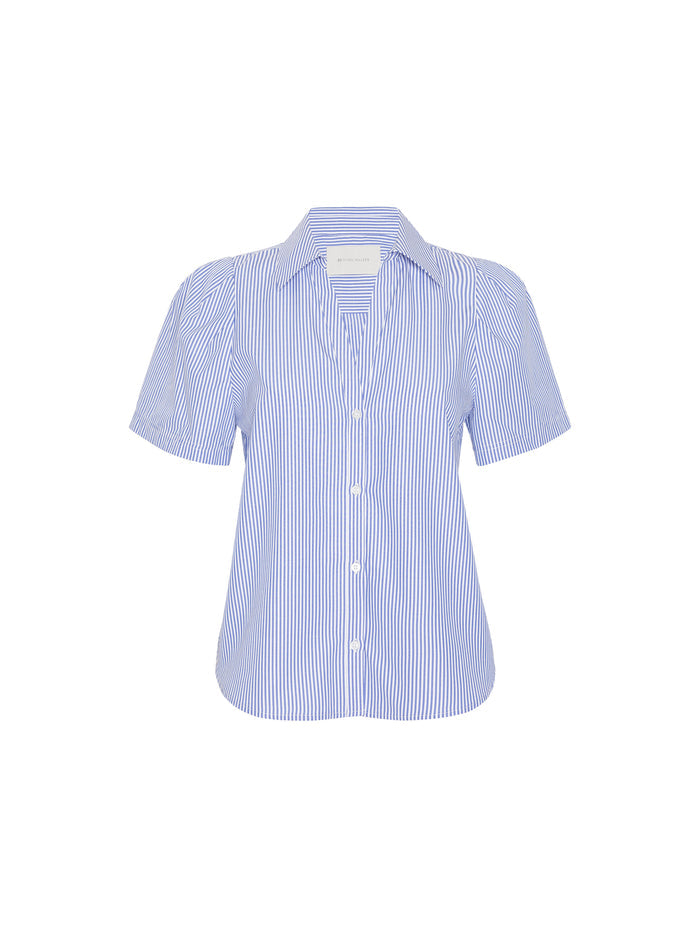 Blue and white striped button-front top with puff sleeves on a plain background