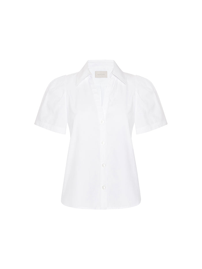 White short-sleeve collared blouse on a plain background