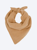 Camel cashmere neck square knotted into a triangular scarf shape.