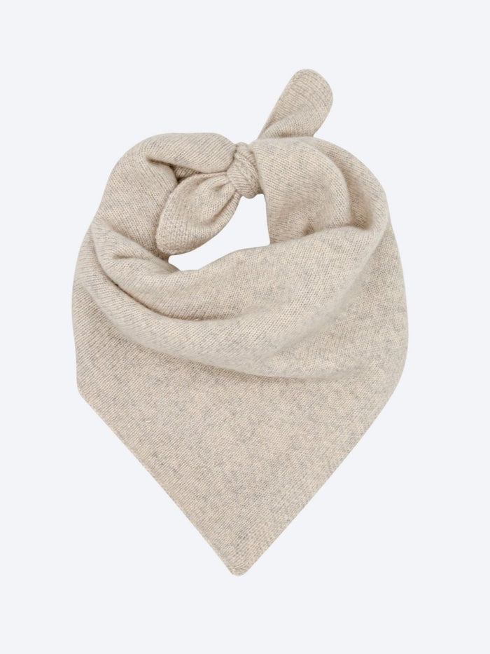 Mist melange cashmere neck square knotted at the top in a soft beige jersey knit.