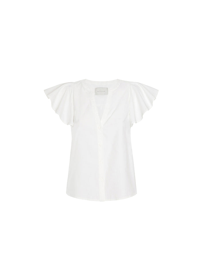 Ivory ruffle-sleeve button-front blouse with a V-neckline, laid flat
