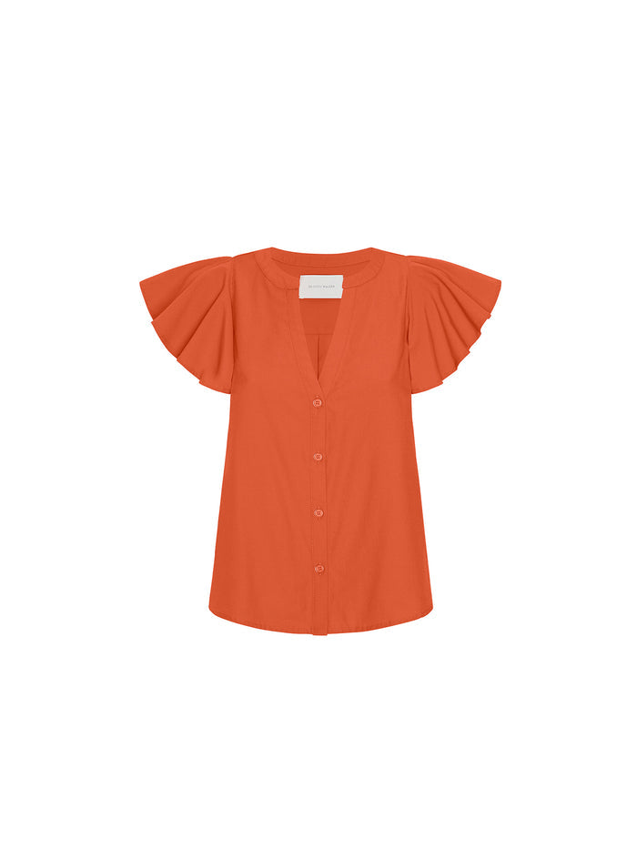 Rust orange ruffle-sleeve button-front blouse with a V-neckline, laid flat