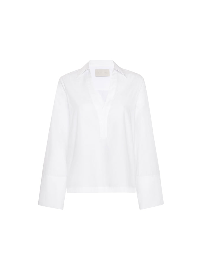 White cotton popover shirt with a V-neck placket and collar, product shot on white background
