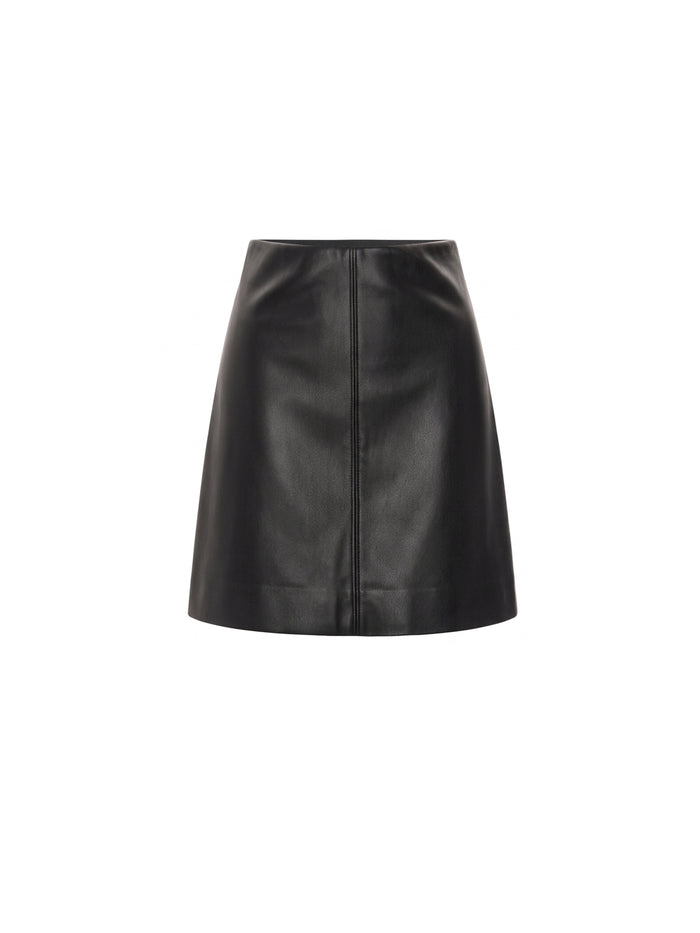 Black leather A-line mini skirt with a front center seam
