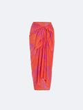 Orange and pink Estara pareo wrap skirt with an Azalea floral print on a white background