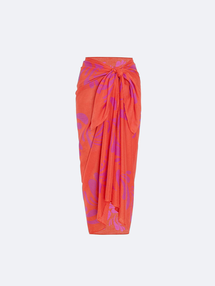 Orange and pink Estara pareo wrap skirt with an Azalea floral print on a white background